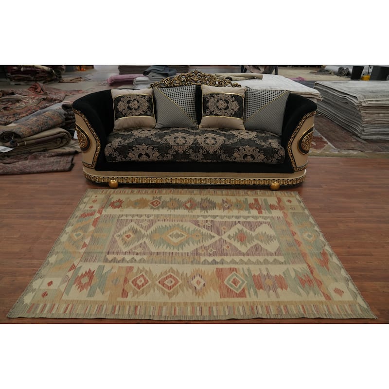 Hand Woven Oriental 100% Wool Carpet Southwestern Tribal Beige & Ivories Kilim Area Rug - 6' 11'' X 5' 0''