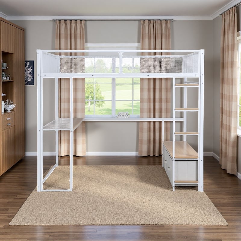 Full Size Metal Loft Bed with LED Lights, Desk, Storage Wardrobe, and 3 Linen Drawers, Black - White