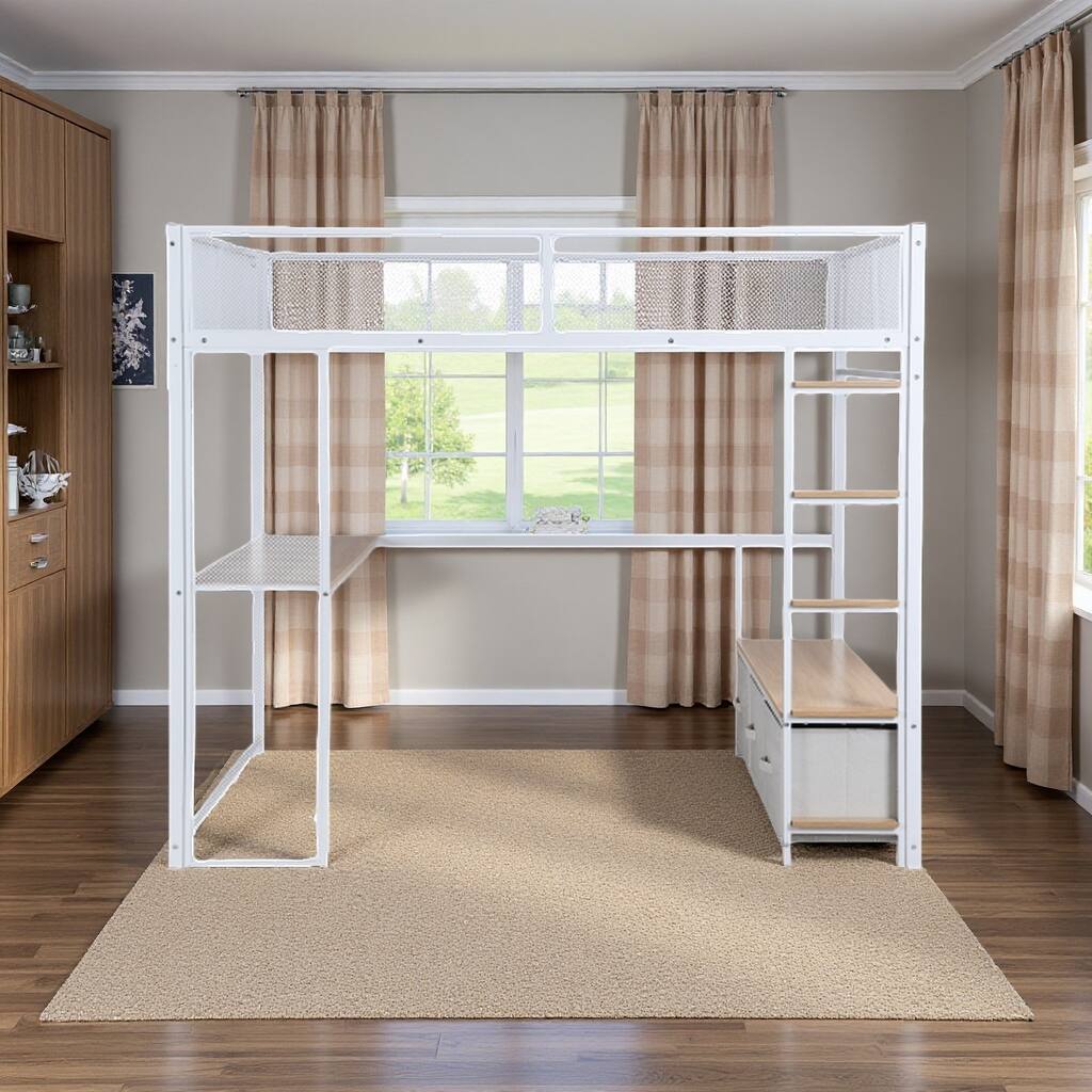 Full Size Metal Loft Bed with LED Lights, Desk, Storage Wardrobe, and 3 Linen Drawers, Black