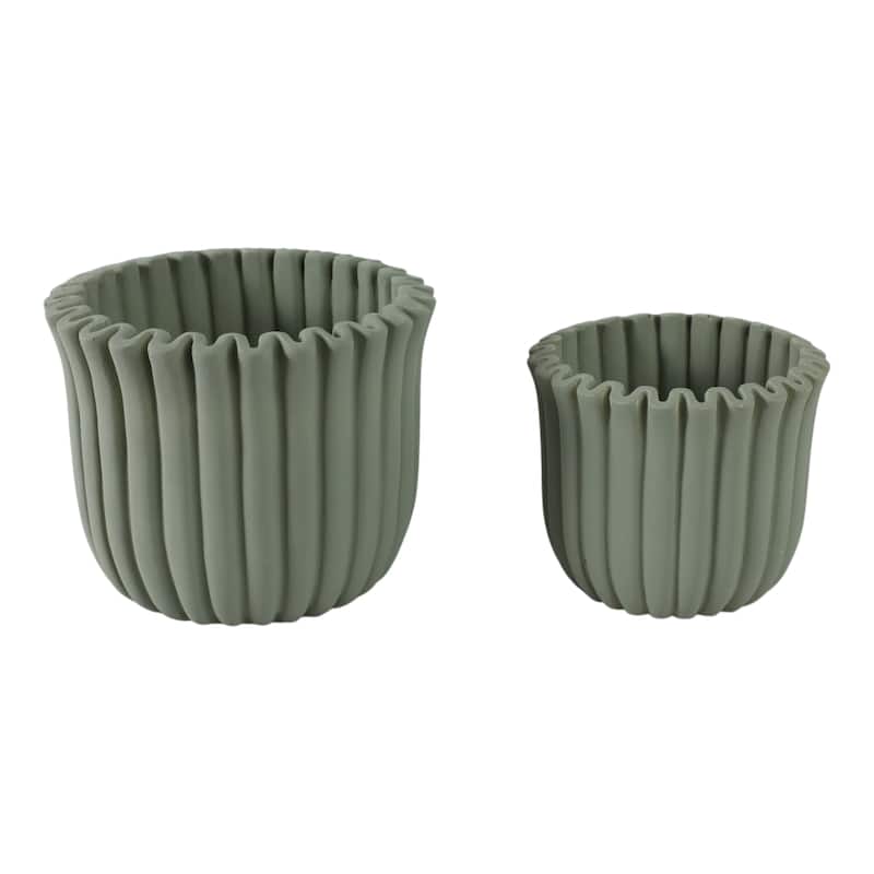 Pottery Cement Planters Textured Ribbed Sculptural Design (Set of 2) - 7.5" x 7.5" x 6" - Green