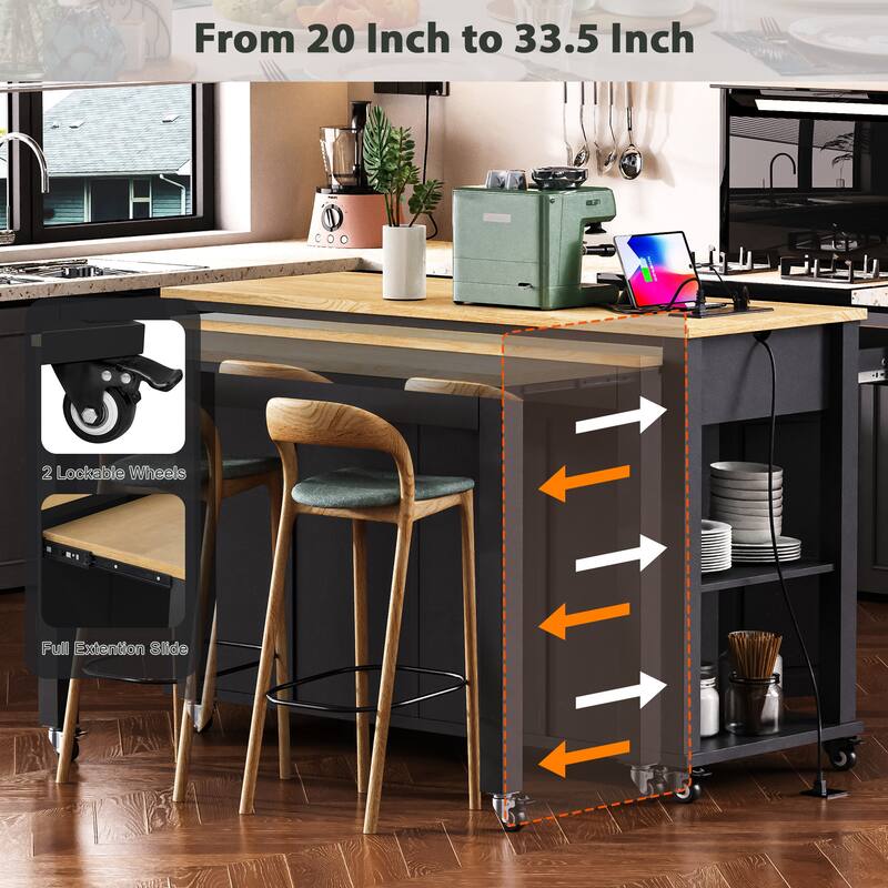 47.20'' Rubber Wood Kitchen Island with Extendable Dining Table, Power Outlet, and 2 Drawers - 47.2'' x 33.5'' x 36.75''