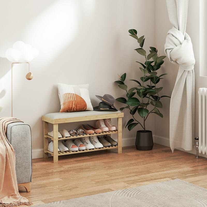 HOMCOM Bamboo Shoe Bench, 3-Tier Entryway Bench with Storage and Cushion, Shoe Organizer for Entryway, Hallway