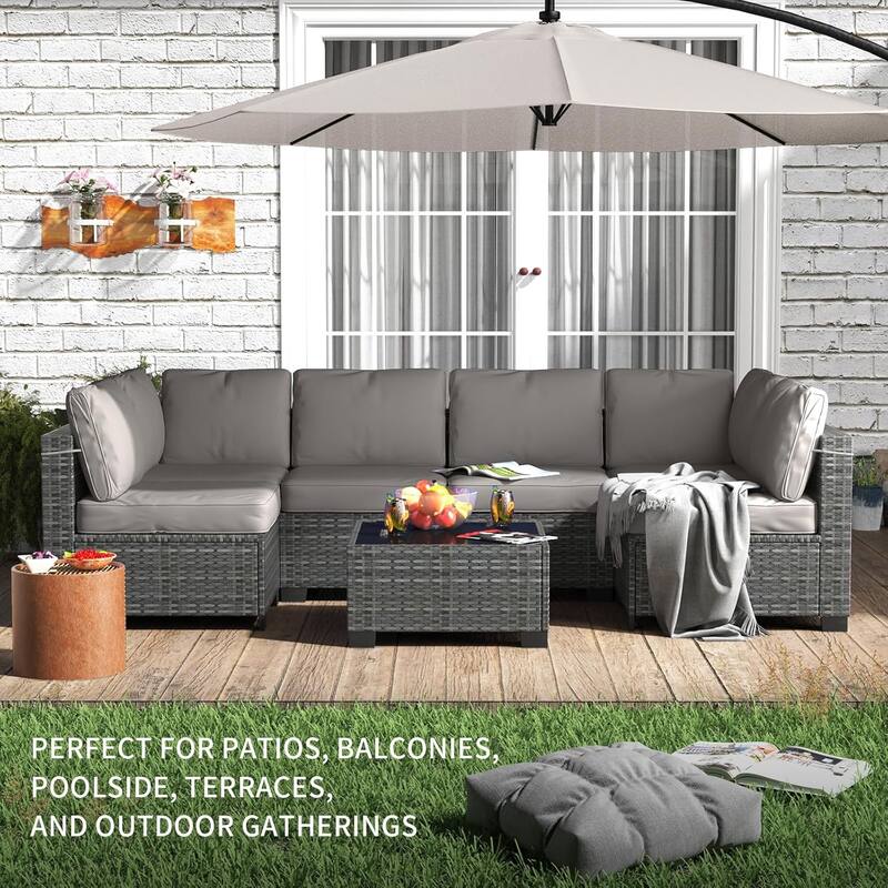 7-Piece Patio Conversation Sofa Set with Cushions and Glass Top Coffee Table