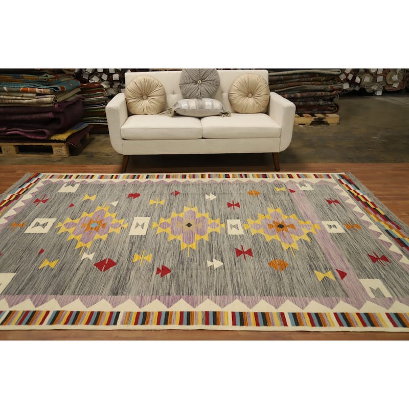 Hand Woven Oriental 100% Wool Carpet Southwestern Tribal Greys & Charcoal Kilim Area Rug - 9' 8'' X 6' 7''