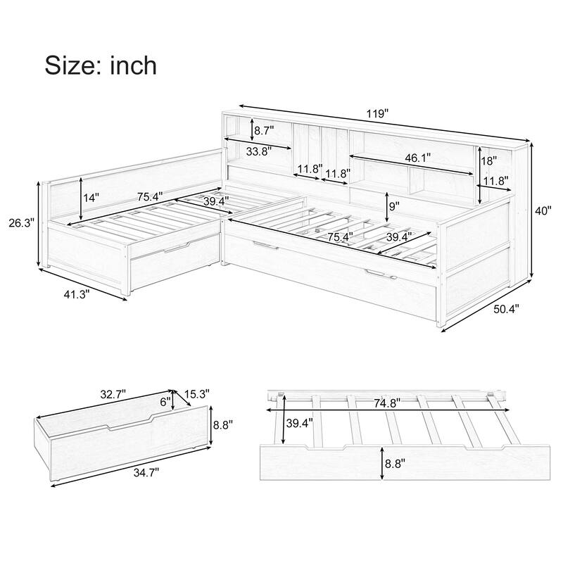 3-in-1 Bookcase Daybed L-shape Corner Daybed Twin Size Captains Bed Wooden Bed Frame with Under-bed Trundle and Drawer