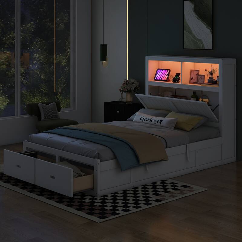 Wooden Platform Bed with Storage LED Headboard, Charging Station and 2 Drawers