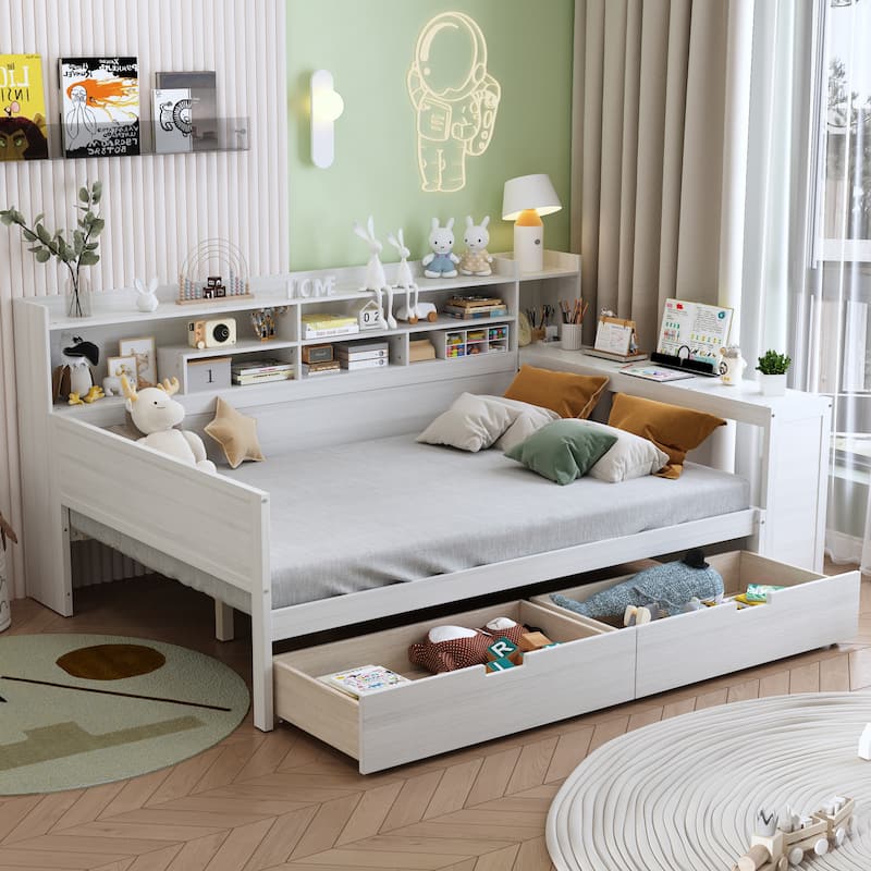 Wooden Full Size Daybed with Storage Shelves, Two Drawers & Study Desk,Antique White