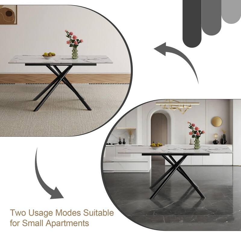 59-inch Modern rectangle Expandable Dining Table with Retractable Leaf, Sintered Stone Top & Black Carbon Steel X-Base