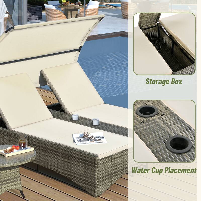 Outdoor Patio Rattan Daybed Sunbed with Canopy and Adjustable Backrest, Storage Box and 2 Cup Holders