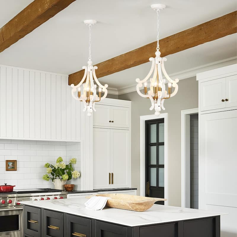 4-Light 14.56-inch Wooden Lantern Rustic Chandeliers for Entryway Hallway