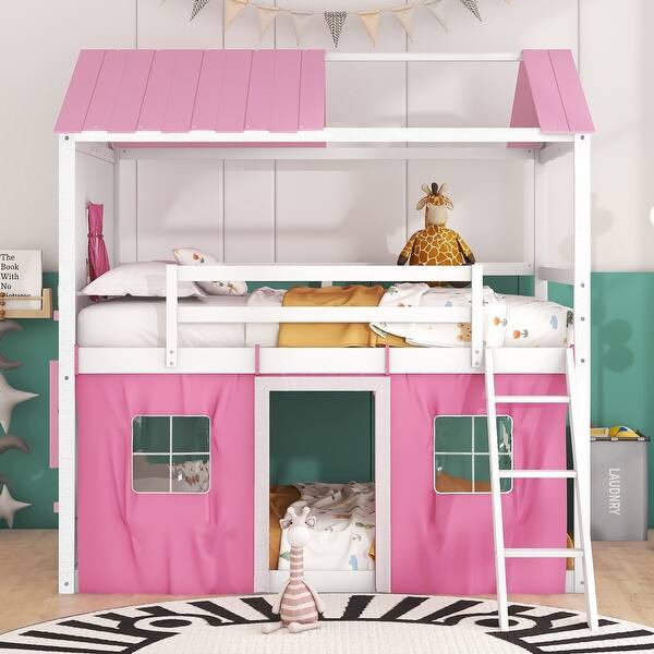 slide 2 of 18, Full Size Bunk Bed with Playhouse Design, Windows & Slide - Pink/White