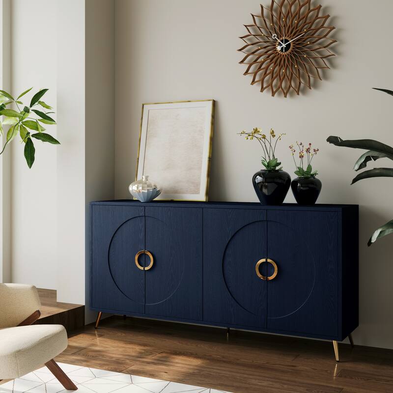 Wooden Four-Door Buffet Sideboard with Adjustable Shelves for Dining or Living Room Storage - Navy Blue