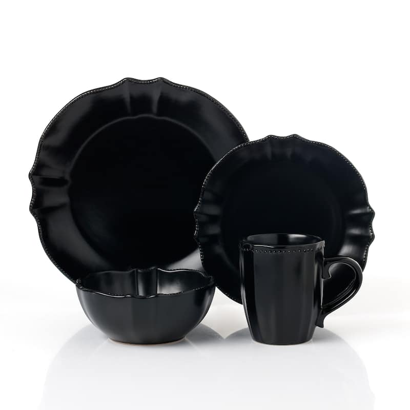 Lorren Home Trends 16 Piece Scalloped Edge Black Dinnerware