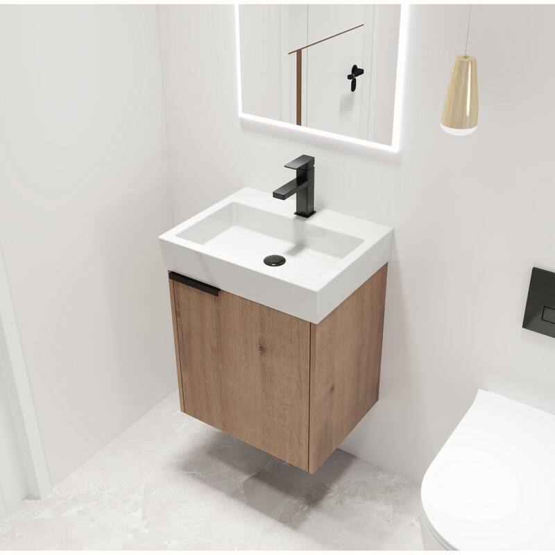 Malwee 18" Floating Bathroom Vanity, Mini Wall Mounted Bathroom Vanity with Ceramic Sink and Soft Close Door - Colored - 19"×15"22.8" - Brown