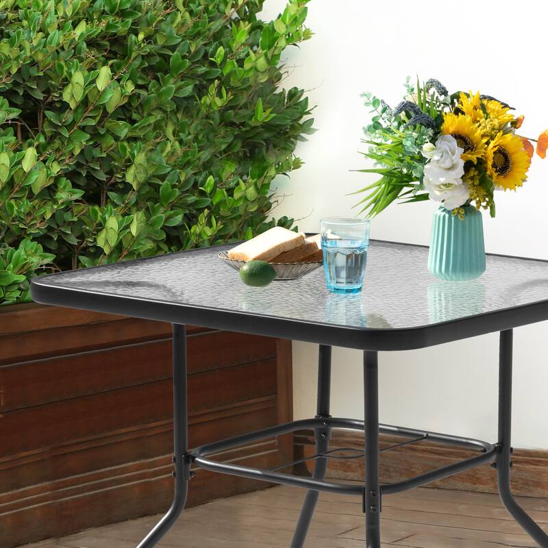 Square Metal Outdoor Dining Table with Umbrella Hole and Tempered Glass Tabletop, Black