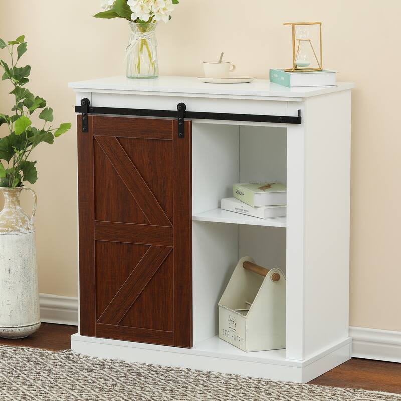 Sliding Barn Door Storage Cabinet - White Wood Accent Cabinet - Farmhouse Style Organizer
