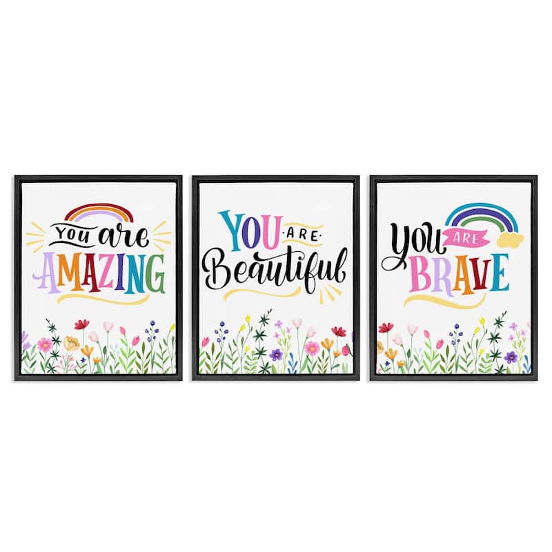 Stupell Confidence Sentiments with Florals Framed Floater Canvas Wall Art Design By Kim Allen (Set of 3) - 25 x 31 - Black