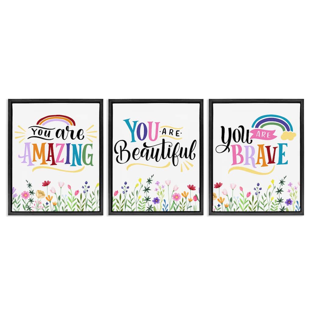 Stupell Confidence Sentiments with Florals Framed Floater Canvas Wall Art Design By Kim Allen (Set of 3)