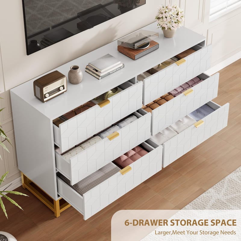 53.5" Modern 6-Drawer Dresser with Metal Legs, Wide Storage Chest of Drawers for Bedroom, Living Room, Entryway