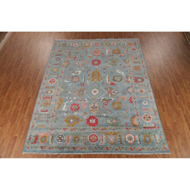 All-Over Blue Oushak Oriental Area Rug Hand-Knotted Wool Carpet - 9'2"x 11'11"