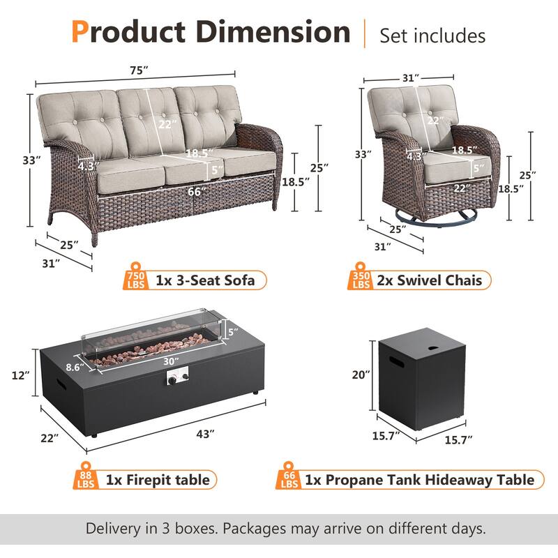 Pocassy 43-In Fire Pit w/ Outdoor Sofa Swivel Chair Ottoman Set