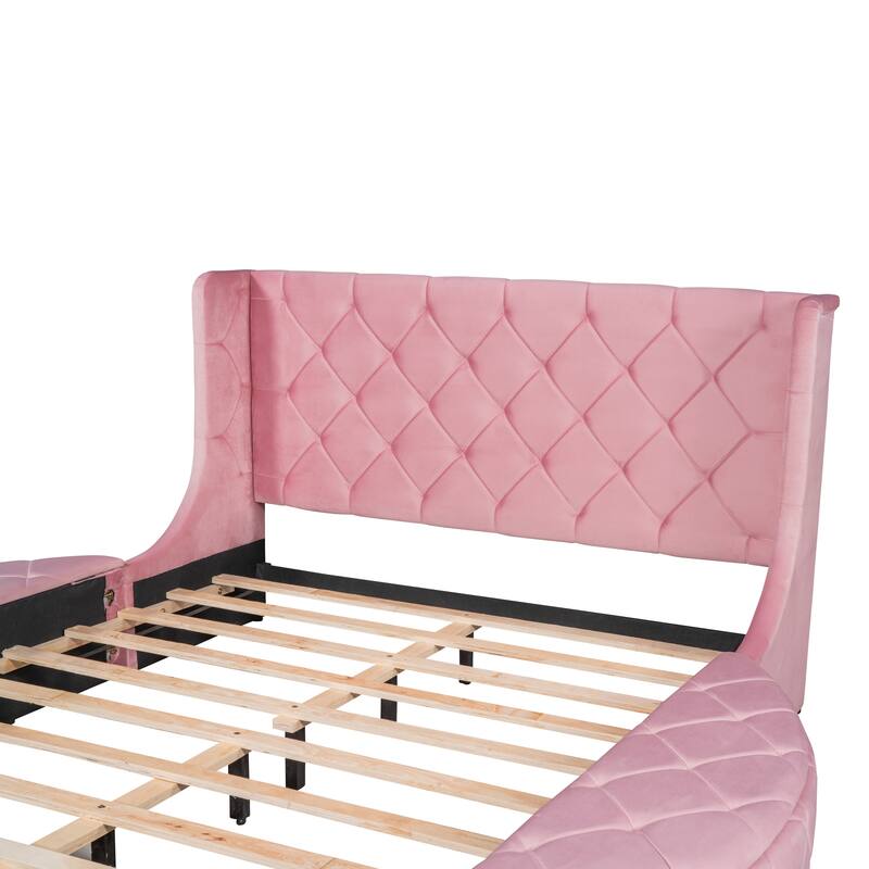 Queen Platform Bed Velvet Upholstered Bed with Wingback Headboard, 2 Side Storage Stool and Large Drawer, Round Low Profile Bed