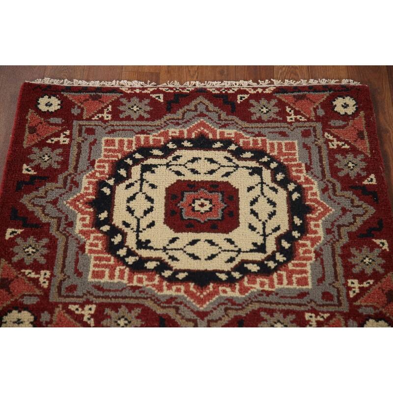 Red Geometric Kazak Indian Runner Rug Hand-Knotted Wool Carpet - 2'6"x 8'1"