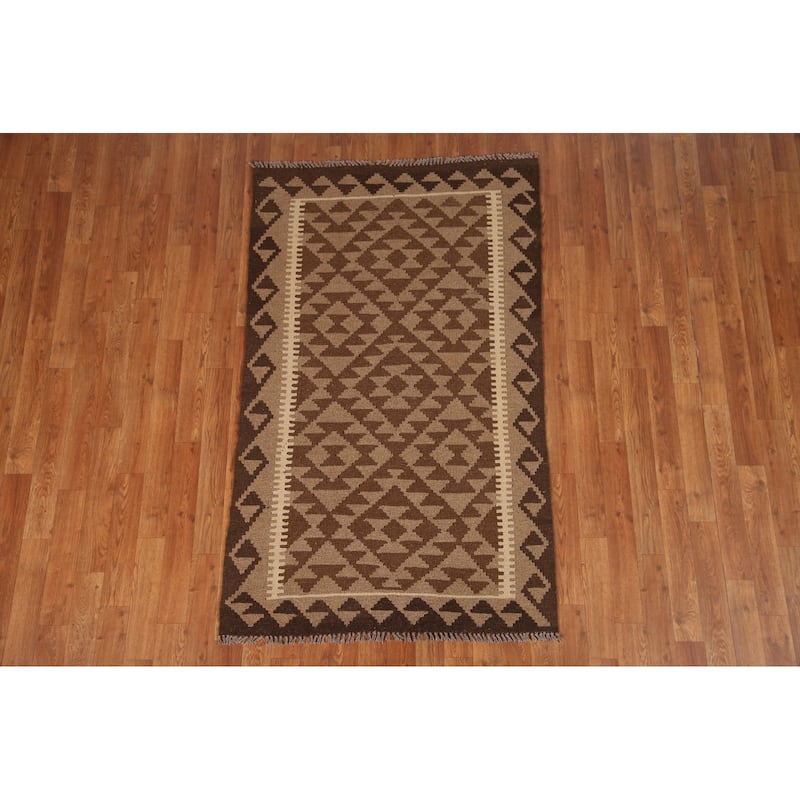 Brown Kilim Reversible Area Rug Flat-weave Wool Foyer Carpet - 3'2" x 5'3"