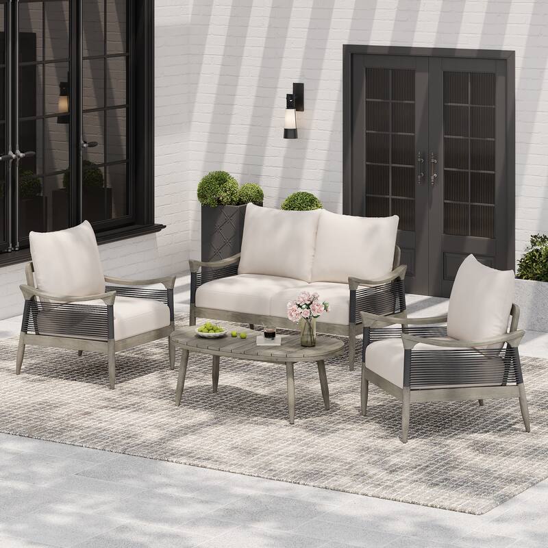 Christopher Knight Home - 4-Piece Patio Conversation Set with Woven Rope Loveseat, Cushions & Acacia Wood Coffee Table - Grey+Beige