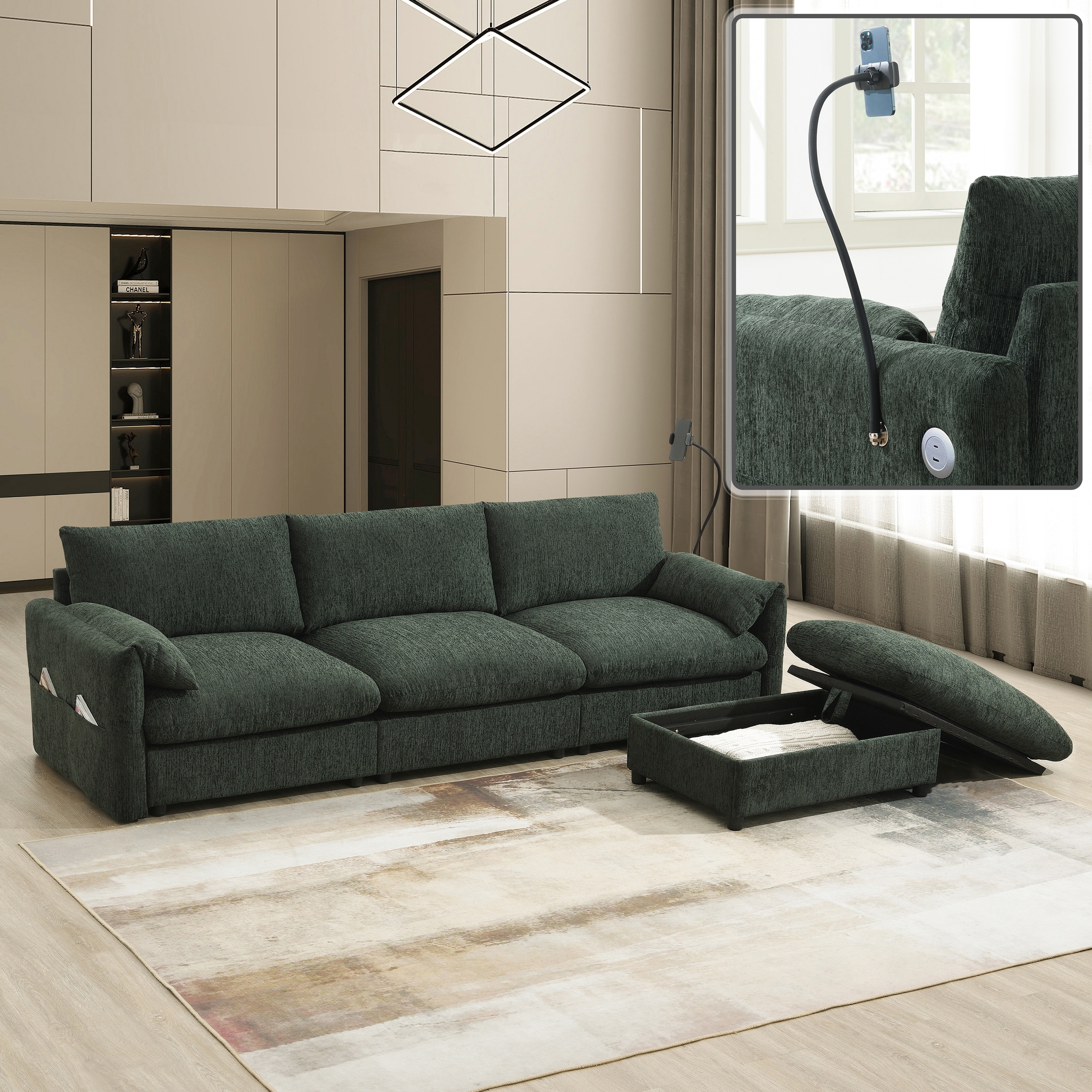 96.5" L-Shaped Sectional Sofa with Storage Ottoman, USB Charger & Adjustable Phone Holder