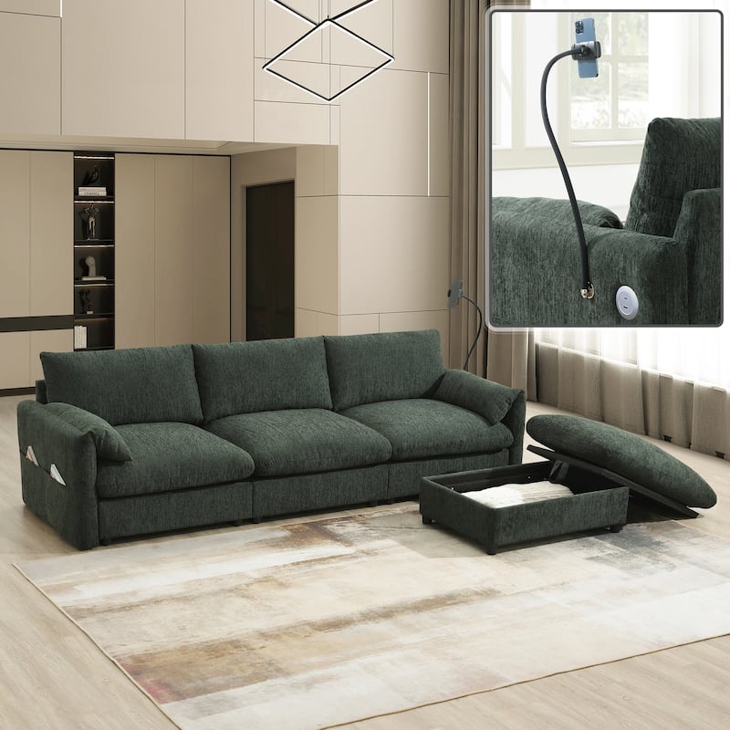 96.5" L-Shaped Sectional Sofa with Storage Ottoman, USB Charger & Adjustable Phone Holder - Green