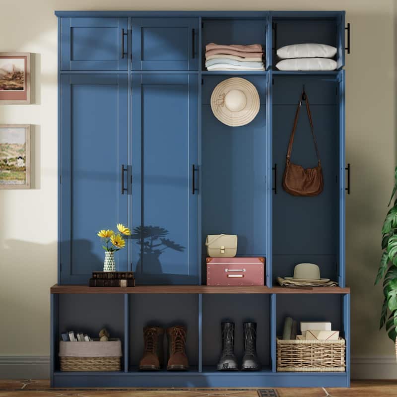Rustic Farmhouse Entryway Set – Concealed 4-Hook Coat Rack & 8-Door Storage Bench with Open Shelves‌ - Blue