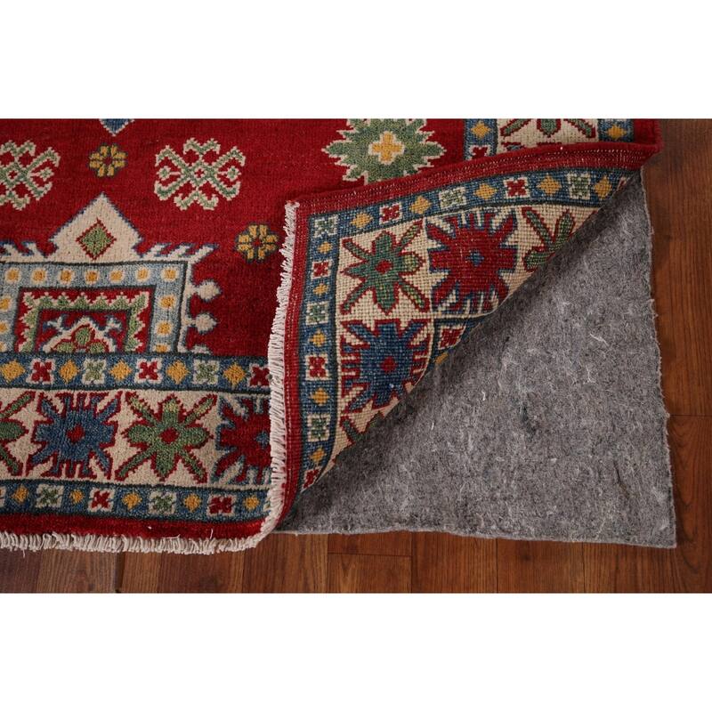 Oriental Kazak Area Rug Hand-Knotted Geometric Red Wool Carpet - 4'0" x 5'8"