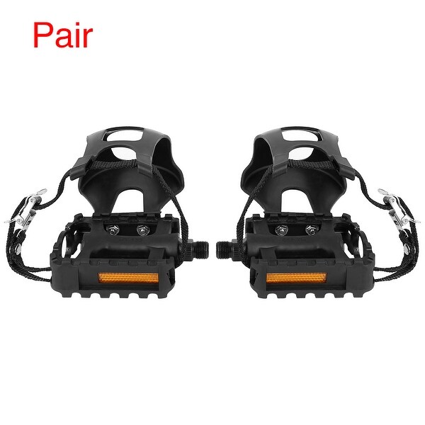 Pair Road Mountain Bike Pedals 9/16'' Spindle Platform w Toe Clips Foot Strap - Black. Opens flyout.