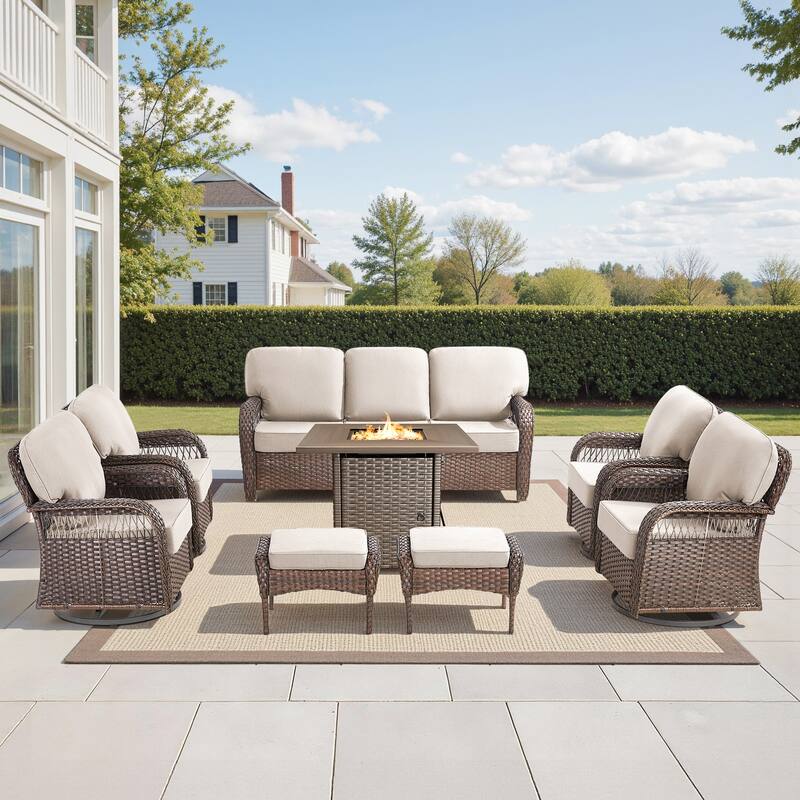 Pocassy Outdoor Sofa Ottoman Swivel Chair Table with Fire Table Set. - Brown Wicker Beige Cushion - 8-Piece Sofa Swivel Chair Ottoman w/ Fie Table