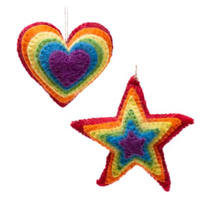 Rainbow Heart and Star Burst Handmade Felt Ornaments, Set of 2