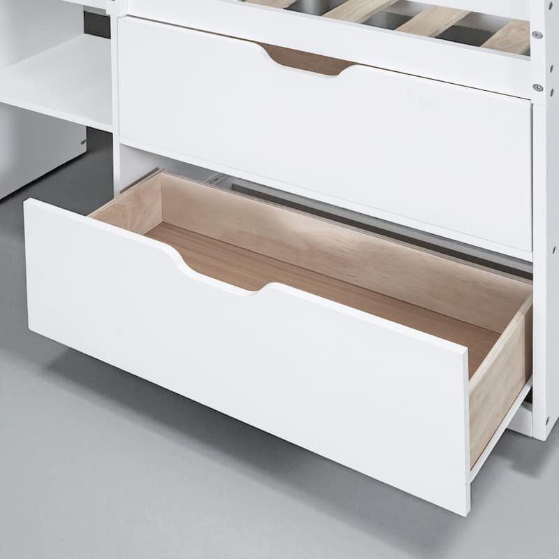 Twin Size Low Loft Bed with Rolling Desk, Storage Drawers and Bookshelf, Pine Wood Frame