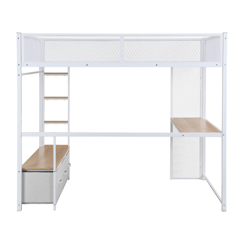 Full Size Metal Gaming Loft Bed with LED, Desk, Open Wardrobe and 3 Linen Storage Drawers, White