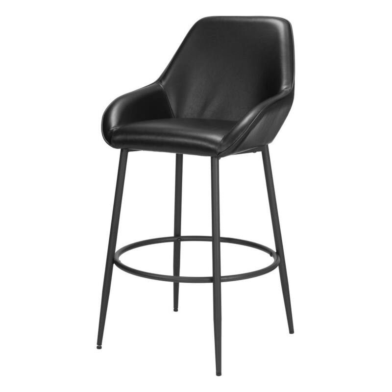 Set of 2 Modern Bar Height Chairs Black Faux Leather Upholstered Stools with Arms and Footrest - 42.5”H x 22.4”W x 24”D