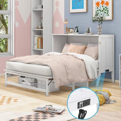 Queen Size Murphy Bed with Built-In Charging Station and a Shelf, White