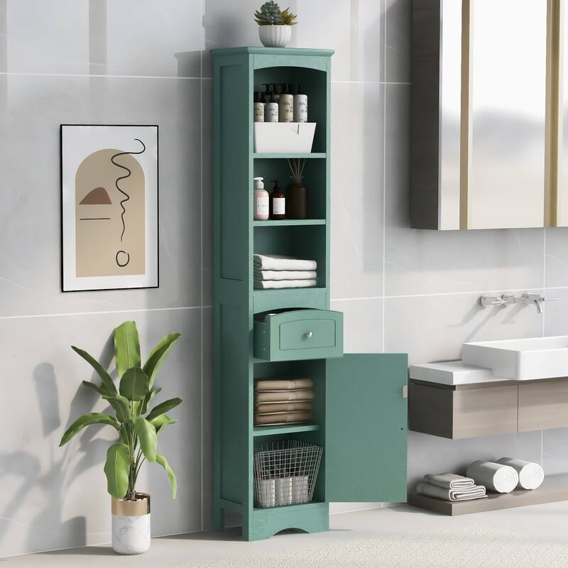 67" Tall Bathroom Storage Cabinet, Modern Narrow Display Cupboard Stand with Drawer and Adjustable Shelf