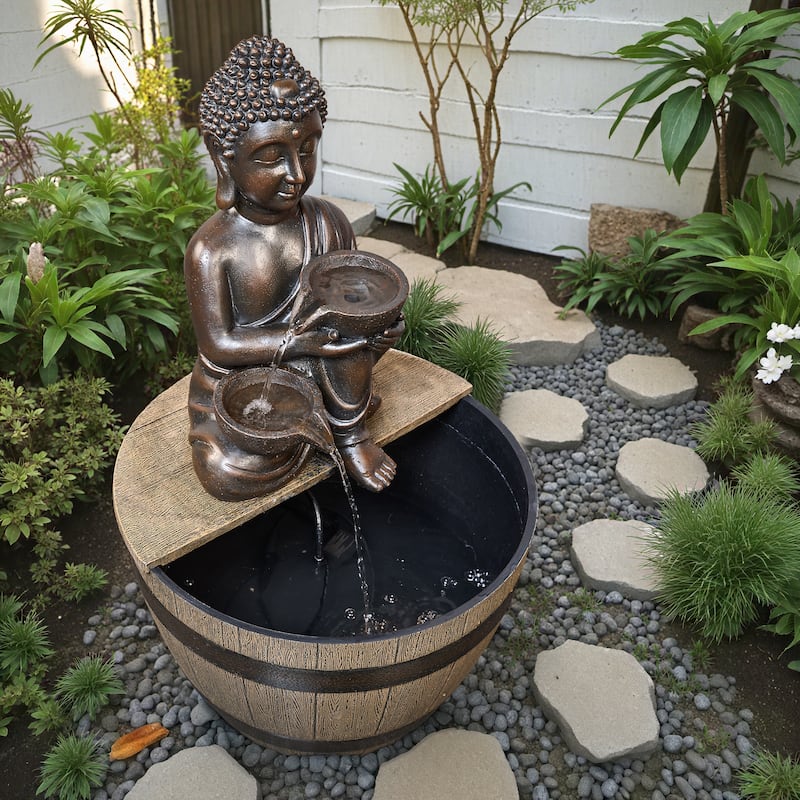 Outdoor Polyresin Buddha Fountain – Meditating Statue with Pumped Waterfall, Weather Resistant Yard Decor