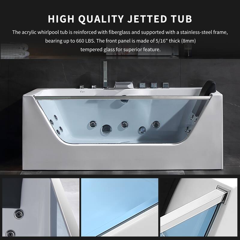 59 in. x 30 in. Alcove Whirlpool Bathtub Rectangular hydrotherapy Jetted Soaking Bath Tub with Center Drain in White