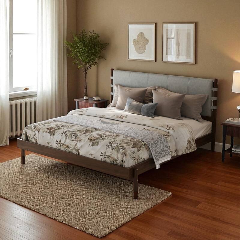 Mid Century Modern Queen/King Rubber Wood Platform Bed Frame with Headboard, Solid Wood Bed No Box Spring Needed