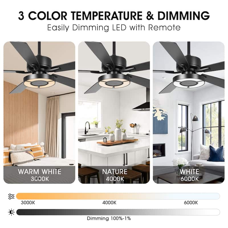 52" Black Wooden 5-Blade Dimmable Modern Ceiling Fan with Light and Remote