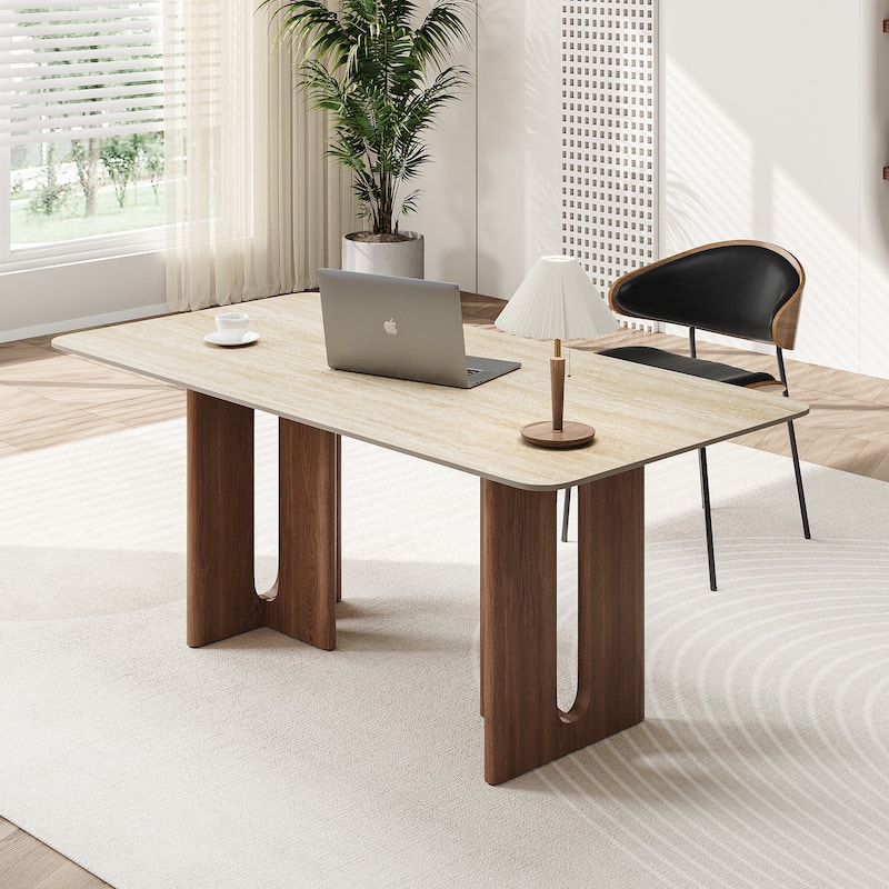 63" Modern Rectangular Dining Table for 4,Faux Marble top with Travertine Texture,Double Legs with Solid Woood Veneer
