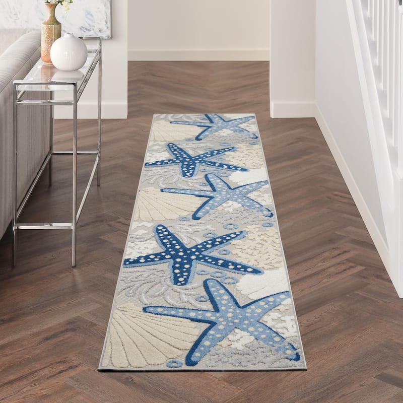 Nourison Aloha Coastal Starfish Indoor/Outdoor Area Rug - 2'3" x 12' Runner - Blue/Grey