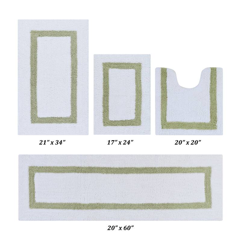 Better Trends Hotel Collection in Race Track 100% Cotton Super Absorbent Reversible Double Sided Machine Washable Bath Mat Rug - 4 Piece Set 17"x24" | 20"x20" | 21"x34" | 20"x60" - White & Sage