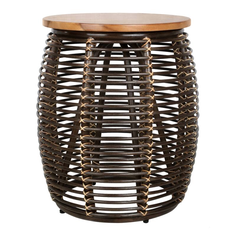 NPD Furniture Iris Round Rattan End Table with Wood Top - Espresso Brown