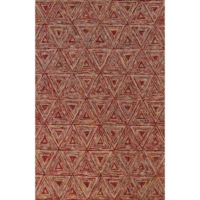 Geometric Modern Indian Area Rug Hand-Tufted Red Wool Carpet - 5'3" x 7'7"